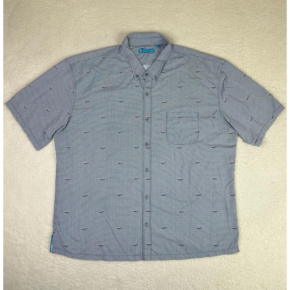 Tori Richard Shirt Mens 2XL Blue Geometric Fish Stretch Short Sleeve Button Up